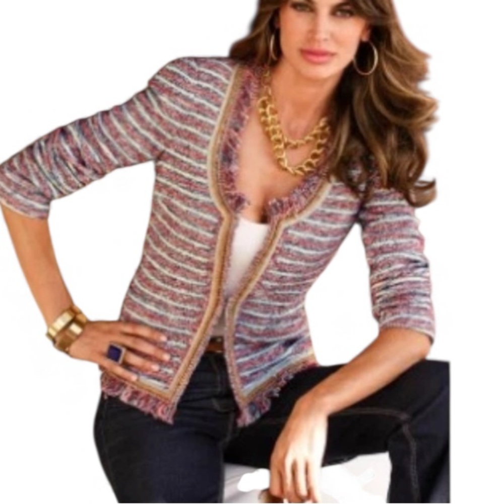 Boston Proper Chanel-Inspired Tweed Jacket Front Frayed Trim Classic Blazer 10